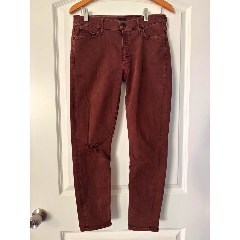 MOTHER Denim The Muse Ankle Jeans Cabernet Burgundy Distressed Skinny Size 31
